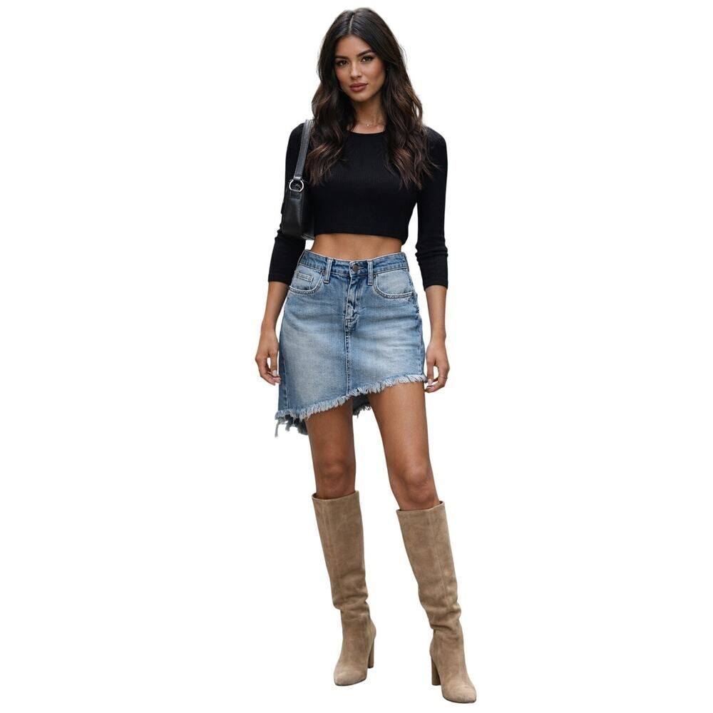 BLANKNYC Women’s Asymmetrical Fringe Hem Denim Mini Jean Skirt Blue Size 25